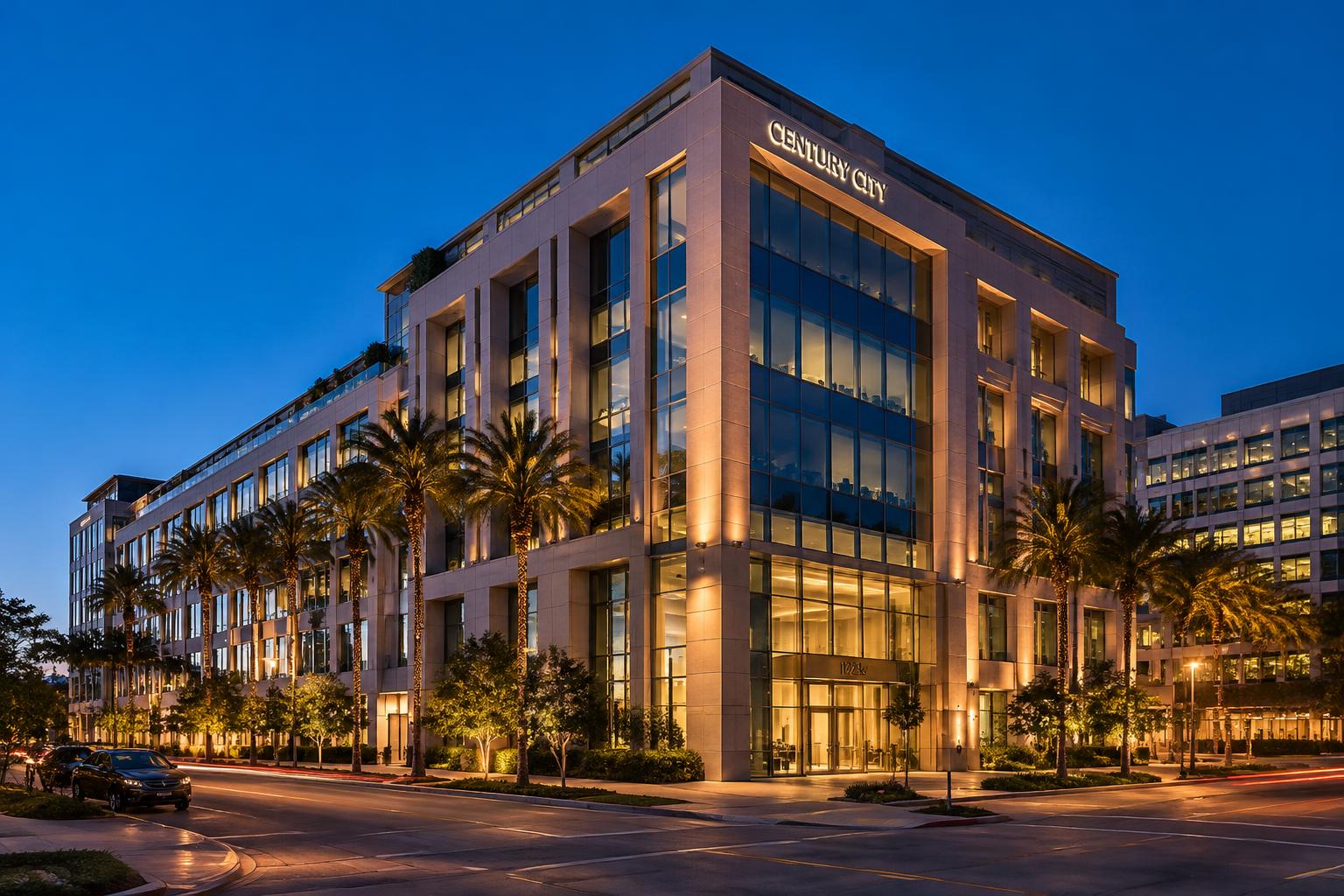 Commercial office building in Century City at dusk